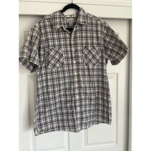 Carhartt Short Sleeve Shirt Size XL Tall Button Up Striped Plaid Brown Beige